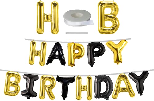 VISION Happy Birthday Gold Black Combination Sign Banner | 16" Mylar Aluminum Helium Foil Letters Balloons Banner Party Supplies Set | Birthday Decorations for Kids Adults and Baby Shower | Bat Superhero Queen Bee and Ninja Theme