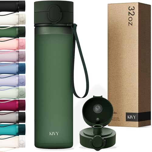 KIVY Slim Water Bottle 32oz with Leakproof Flip Lid [Lightweight & Shatterproof] Fits Backpack & Cupholder for Travel, Sports, School - Tall Gym Water Bottle with Measurements - Dishwasher Safe