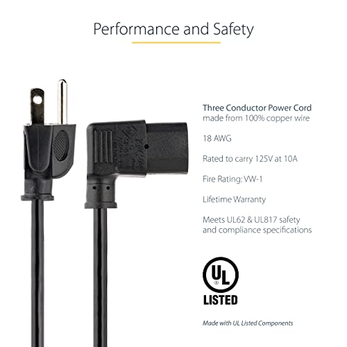Startech.com 6Ft (1.8M) Computer Power Cord, Nema 5-15P To Right Angle C13, 10A 125V, 18Awg, Replacement Ac Power Cord, Pc Power Supply Cable, Printer / Monitor Power Cord - Ul Listed (Pxt101L) #TOP2