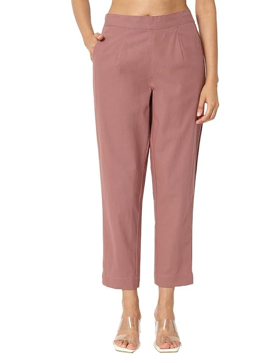 safed dhaga Women's Solid Straight Fit Cotton Blend Trousers | High Waist, Side Pockets, Ankle Length Pants for Office, Casual-picture-11