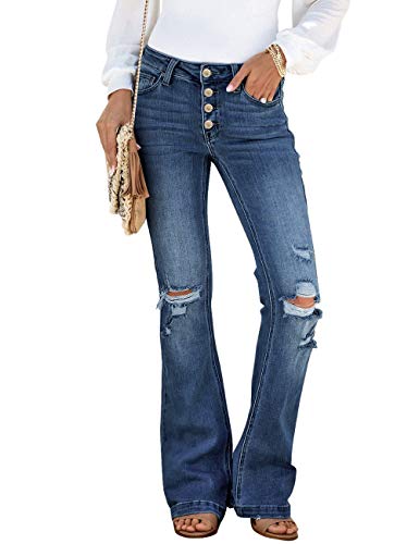 Utyful Women's High Waist Button Fly Ripped Jeans Stretchy Flare Denim Jeans Bell Bottom Pants Button Fly- Blue Large