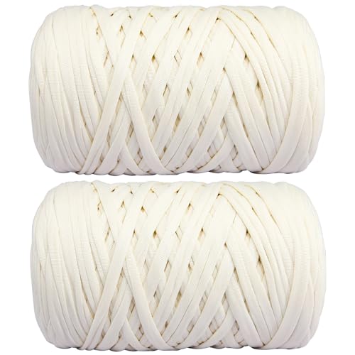 SIMEIQI 2 PCS 800g T-Shirt Yarn Elastic Fabric Crochet Cloth Yarn for DIY Knitting, 260 Yards Spaghetti Yarn Thick Knitting Yarn for Hand DIY Bag Basket Cushion Crocheting Projects,Home DecorĂŻÂŒËBeigeĂŻÂŒâ°