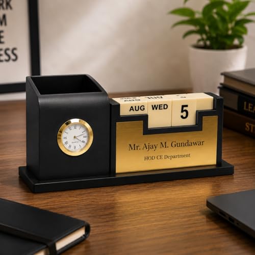 Image of Teak Wood Personalized Wooden Pen Stand Desk Organiser With Pen Stand For Office Table Stylish,Elegant Gift For Boss,doctors,male Corporate Gifts|Includes Calendar & Watch Stand,Stationary,Black