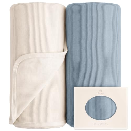 Image of Konssy Ribbed Knit Baby Blankets 2 Pack, Stretchy Lightweight Swaddle Blanket for Boys & Girls, Soft Cozy Receiving Wrap for Newborns, Infants, & Toddlers, 33x42 Inch