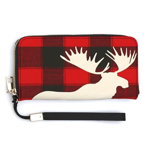Moose Silhouette Buffalo Plaid Check Clutch Wallet Wristlet Long Handbag PU Leather with Card Slots Cash Coin Pocket for Women Men
