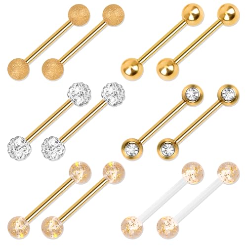 CrazyPiercing 12Pcs Stainless Steel Tongue Ring Barbell Retainer Body Piercing Jewelry 14G (Gold Pack)
