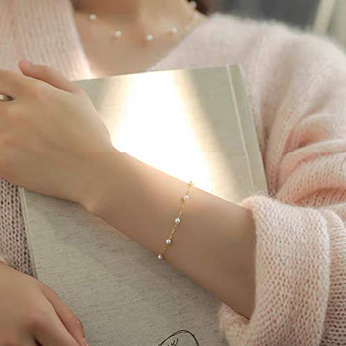 SISGEM Solid 14K Gold Pearl Bracelet for Women Freshwater Cultured Pearl Bracelet Station Tin Cup Pearl Bracelet with Link Chain Dainty Jewelry Gifts for Mom, Wife, 6.5''+1''+1''2