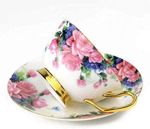 Pack of 4 Tea Cups and Saucers Set Fine Bone China Coffee Cups 6.8oz - Thumbnail 4