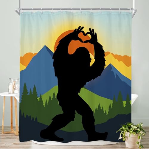 Riyidecor Funny Shower Curtain 60Wx72H Inch Rustic Monkey Mountain Sunrise Cool Wild Animal Silhouette Shadow Nature Mens Shower Curtain Bathroom Decor Fabric Polyester Waterproof 12 Pack Hooks