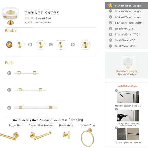 Image of QOGRISUN 15-Pack Crystal Cabinet Knobs, Gold Drawer Knobs, Round 1-1 /4 in | Solid Brass, Crystal Glass, Gold Drawer Knobs, Gold Dresser Knobs, Crystal Cabinet Knobs, Kitchen Cabinet, Round