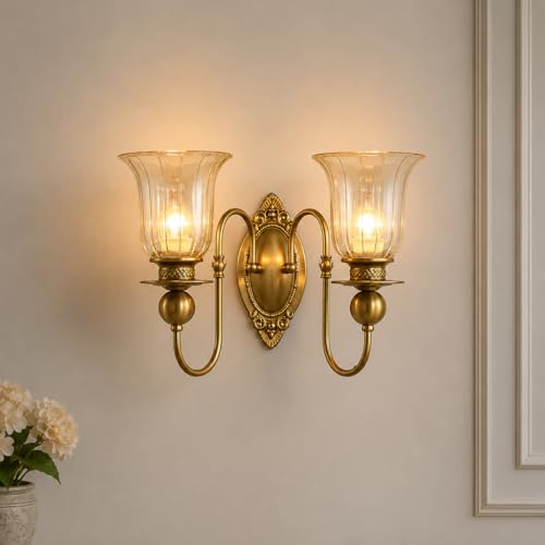 Image of Italian Wall Light, Double Golden Glass Shade, European Antique Brass Finish Lamp for Bedroom, Living Room, Drawing Room, Lobby, Hall, Room Decortion, Cafe, Hotel with Filament Bulb, Gold