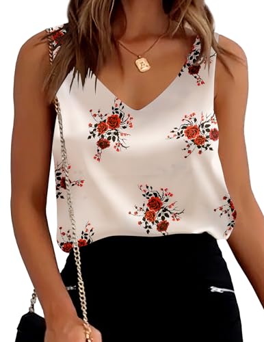 Ekouaer Womens Silk Satin Tank Tops V Neck Casual Sleeveless Tops 2024 Basic Camisole Tank Cami Summer Blouses Red/Black Flower, X-Small