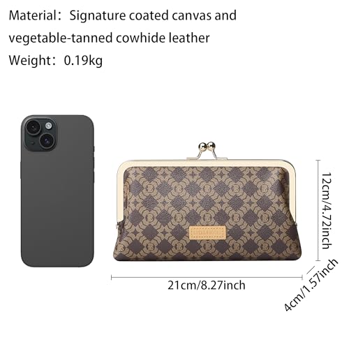 Women's RFID Clutch Wallet, Signature Coated Canvas & Vegetable-Tanned Cowhide Leather Kiss Lock Purse, Multi-Card Holder 5468 (Coffee)3