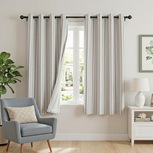 Image of MYSKY HOME Striped Curtains 100% Blackout 63 Inches Long Black Stripe Farmhouse Rustic Linen Blended Double Layer Curtains for Bedroom Patterned Drapes, Grommet, 2 Panels, 52 inch Wide
