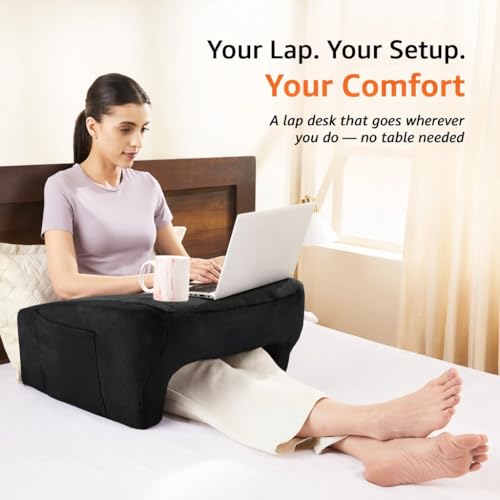 Image of Amazon Basics Memory Foam Lapdesk for Laptop, Ergonomic Laptop Table Pillow for Bed, Wrist Support & Side Pocket, Portable Lap Desk for Work from Home, Study & Travel - Black