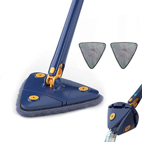 Mop giratório de 360 °, esfregão seco e úmido ajustável giratório de 360 graus, esfregão de torção automático de microfibra triangular com cabo longo, para limpeza de teto, janela e rodapé. (azul)