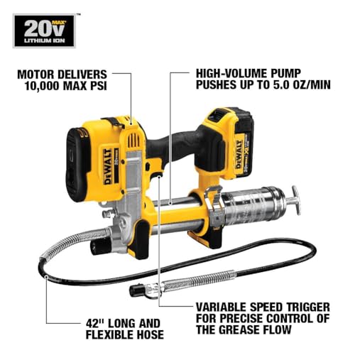 Image of DEWALT Grease Gun Kit 20V MAX with 4.0Ah Battery and Charger, Cordless Grease Gun, LED Light, 42 inch Hose, 10,000 PSI, Variable Speed Triggers (DCGG571M1)