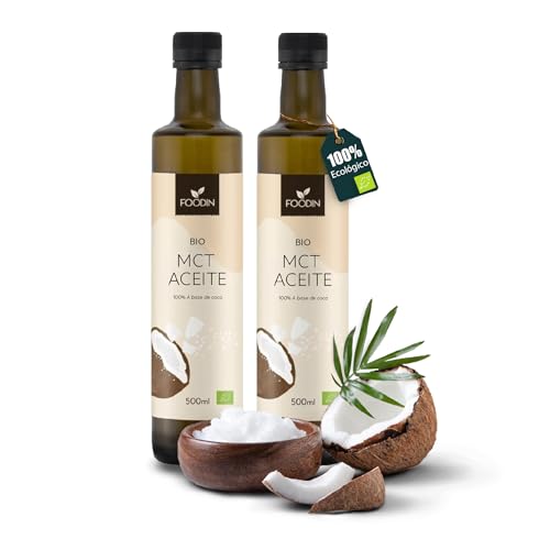 FOODIN Aceite MCT BIO 1000 ml de aceite de coco 100%, triglicéridos de cadena media (MCT), fabricado con coco producido, 100% libre de gluten y vegano, (2 x 500 ml), ideal para nutrición cetogénica