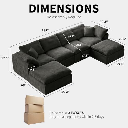 Image of Cloud Couch Sectional for Living Room, Modular U Shaped Boneless Sofa with Chaise, Compressed No Assembly Couch, Deep Seat Chenille Upholstered Convertible Sofa Bed(Jet Black)