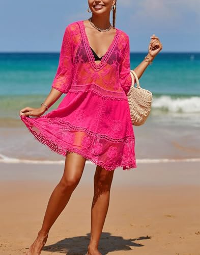 Image of Eomenie Women's Contrast Lace Bathing Suit Cover Up V-Neck Swimsuit Coverups Loose Swimwear Beach Dress Beachwear
