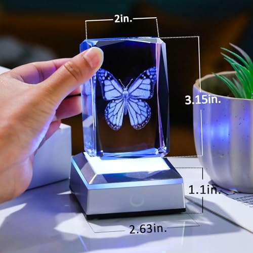 Image of 3D Crystal Butterfly for Mom Women or Men, Laser Etched Glass Butterfly Figurine Decor Stuff with Colorful LED Base Nature Lovers Keepsakes Paperweight Gifts for Birthday