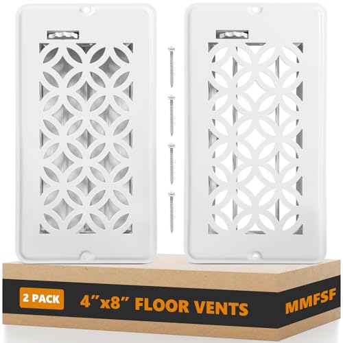 2 Pack Floor Vent Covers Floor Register 4x8 Adjustable Decorative Vent Covers for Home Floor Ceiling or Sidewall Vent Heavy Duty Walkable Steel Floor Vents Rust-Proof Finish (White-4X8)