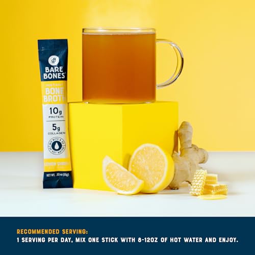 Bare Bones Bone Broth Instant Powdered Mix, Lemon Ginger, Pack of 16, 15g Sticks, 10g Protein, Keto & Paleo Friendly Bone Broth Packets