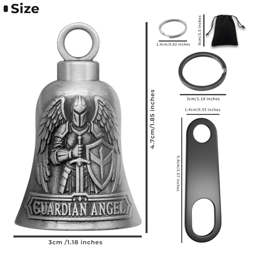 Image of St. Michael Motorcycle Bell Guardian Angel Gremlin Biker Bells for Luck with Motorcycle Bell Hanger, 2 Key Chain Ring Accessories, Velvet Pouch