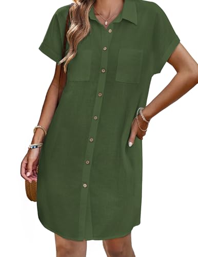 Image of Zeagoo Summer Dresses for Women 2026 Cotton Button Down Short Sleeve Tshirt Dresses Casual Mini Beach Dress