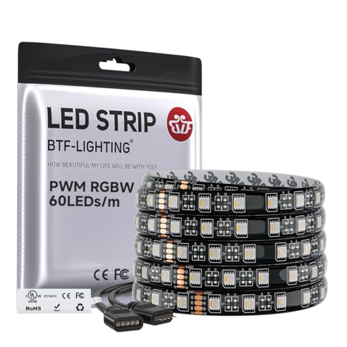 Image of BTF-LIGHTING RGBW LED Strip Warm White 16.4ft 60LED DC24V UL Listed IP65 | Black LED Tape PCB 12mm 5050 4 Colors in 1 RGB + 2700K-3000K for Home Decoration(No Adapter or Controller)