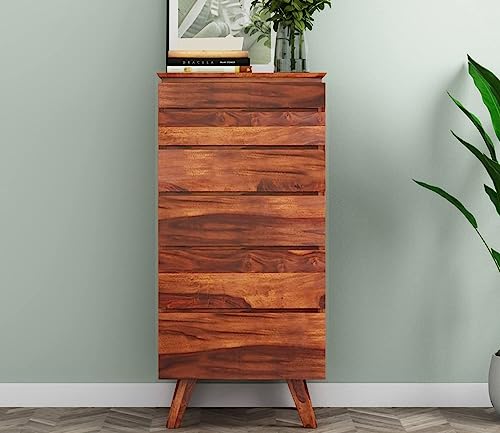 Image of Solid Wood 6 Drawer Chest, Mid-Century Modern Style, Natural Brown Finish, 42x20x18 Inch Tall Dresser with Angled Legs