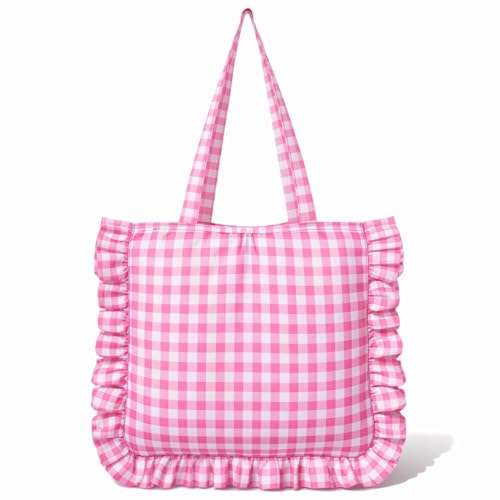 Bolso Tote Grande Rosa con Volantes y Cuadros miniatura 1