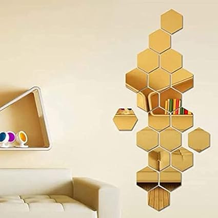 WallWear Self Adhesive 24 Hexagon Gold 3D Acrylic Wall Sticker, 3D Acrylic Stickers for Walls, 3D Acrylic Mirror Stickers, Bedroom, Kids Room, 3D Acrylic Mural for Home & Offices Decorative Items,