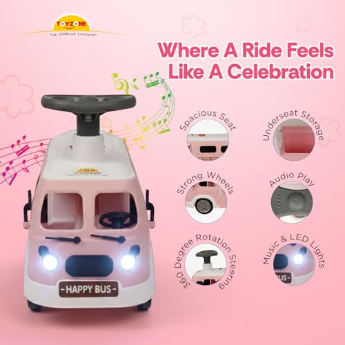 Image of Toyzone Happy Bus - Pink | Toddler Ride-on | Lights & Music | Ride-on with Easy Storage | Grip Wheels | Make in India | Indoor & Outdoor | for Kids 2+ Years