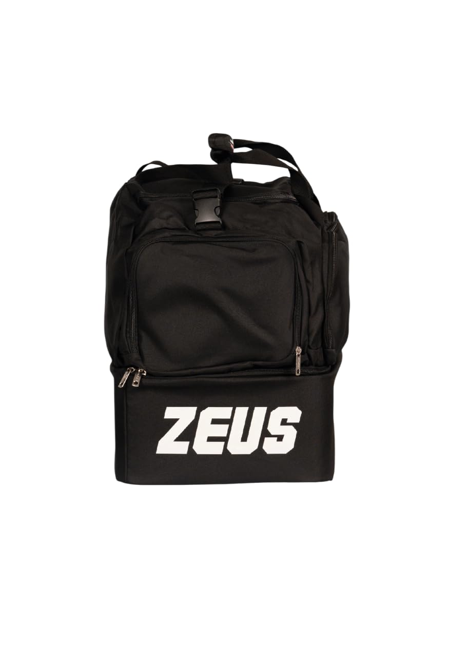 Borsa Voluntas per Zeus Sport Materiale Sportivo Relax Allenamento Fitness Palestra Borsone Borse Borsoni Tascone Frontale Laterale Calcio Calcetto Fondo Rigido (Nero/Nero, H 43 x L 54 x P 30 cm)