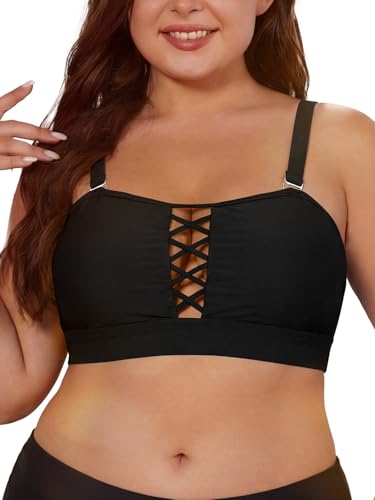 SHEKINI Top Bikini Mujer Talla Fuerte Push Up Bañador Crop Top Bandeau Tops Secado Rápido Bikini Deportivo Swimsuit Traje Bikinis Swimwear, Negro , 5XL