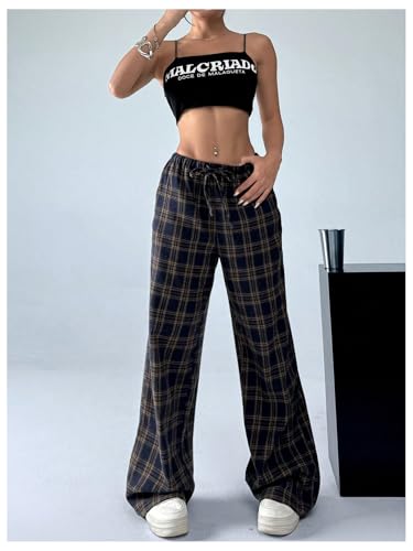 Women's Wide Leg Pants Y2K Drawstring Elastic High Waisted Plaid Pants Pajama with Pockets Brown X-Small4