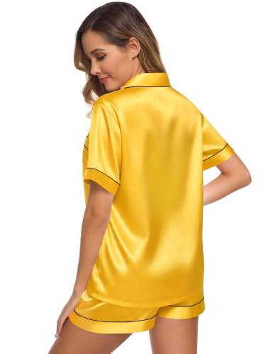 Image of SWOMOG Womens Silk Satin Pajamas Set Short Sleeve Sleepwear Button Down Top and Shorts Loungewear 2 Piece Pjs Set XS-3XL