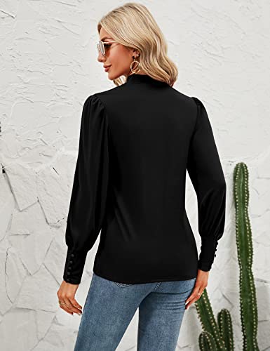 Qirno Womens Mock Neck Long Sleeve Blouse Casual Bishop Sleeve Solid Basic T Shirt Loose Pullovers Tunic Tops Black Small #TOP5
