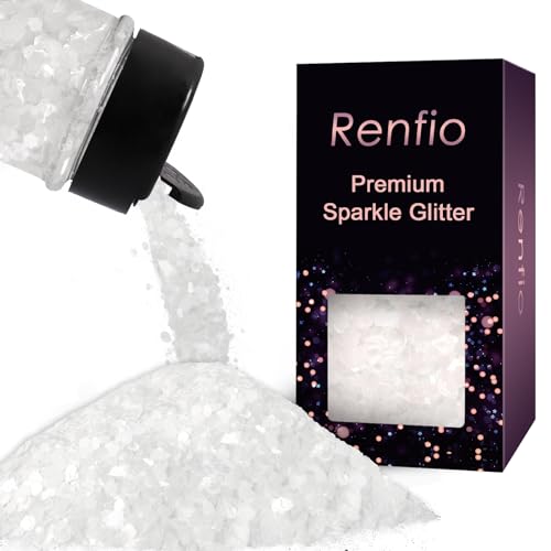 Image of Renfio Matte White Chunky Glitter,1.76oz/50g Mixed Resin Glitter, Matte Hexagon Fake Snow White Sequins Flakes for Snowglobe Tumbler Supplies,Craft,Resin,Festival Decoration,Rose,Nail,Hair,Face,Slime