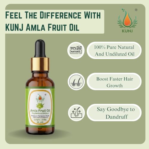 Image of KUNJ Amla Fruit Hair Oil (Phyllanthus emblica) 30ml - 100% Pure & Natural Cold Pressed Undiluted Therapeutic Grade for Hair Growth, Premature Grey Hair, Scalp Nourishment & Hair Fall Control