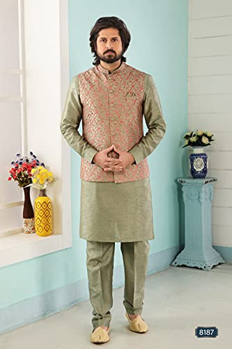 Men's Indian Kurta Pajama and Nehru Jacket Waistcoat Traditional Wedding Party Festive Season Dress Set2