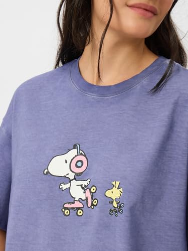 Image of The Souled Store Peanuts: Snoopy Women and Girls Short Sleeves Round Neck Blue Graphic Printed Cotton Oversized T-Shirts