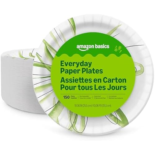 Amazon Basics Everyday Paper Plates, 10 Inch, Disposable, 150 Count, Packaging May Vary