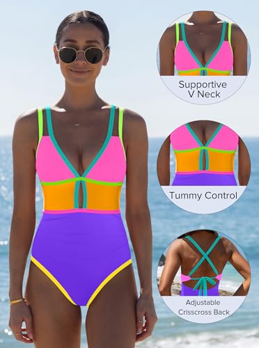 Image of popvil Women One Piece Swimsuit 2026 Tummy Control Sexy Cutout Neon Color Block Bathing Suit Slimming Adjustable Swimwear