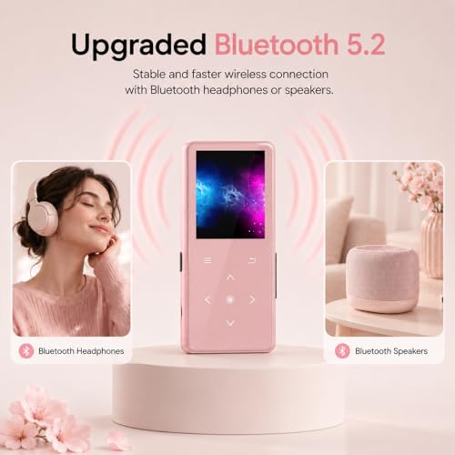 Image of 64GB MP3 Player with Bluetooth 5.2, AiMoonsa Music Player with Built-in HD Speaker, FM Radio, Voice Recorder, HiFi Sound, E-Book Function, Rose Gold