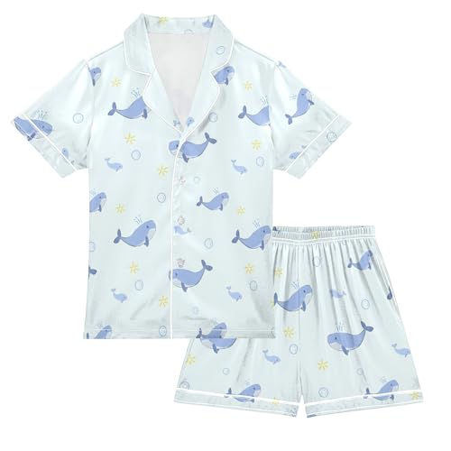 Cute Cartoon Blue Whale Summer Satin Pajama Set, Cute Button-Down Sleepwear Pj Set for Sleep Wears