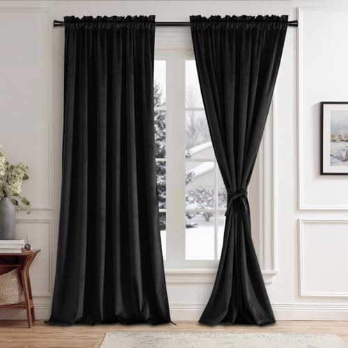 JIUZHEN Black Velvet Blackout Curtains 52W x 96L 2 Panels with Tiebacks