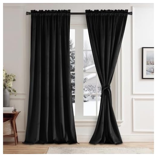 JIUZHEN Black Velvet Curtains for Living Room -96 inches Long Rod Pocket Thermal Insualted Room Darkening Window Drapes for Bedroom, Set of 2 Panels with Tiebacks, 52 x 96 inches