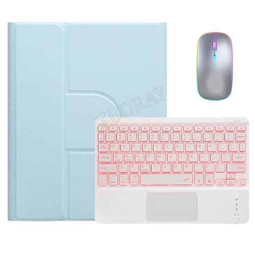 Housse iPad 8e génération 10.2 2020 bleu glacier clavier blanc rétroéclairé pavé tactile souris